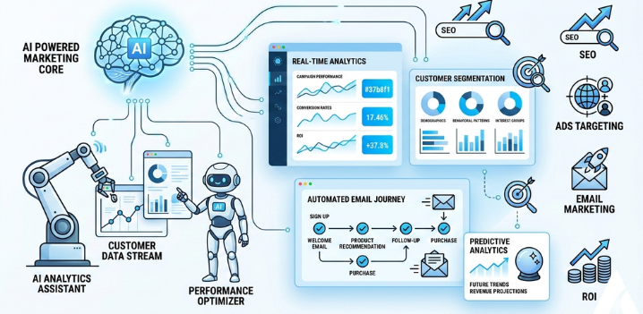 AI in digital marketing illustration showing marketing automation tools, predictive analytics, and data-driven campaign optimization.