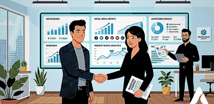 Cartoon illustration of a business owner partnering with a digital marketing agency for online growth