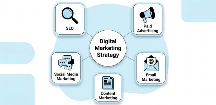 Digital marketing channels infographic showing SEO, social media marketing, email marketing and paid advertising