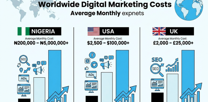 Infographic comparing digital marketing cost worldwide showing Nigeria, USA, and UK pricing ranges