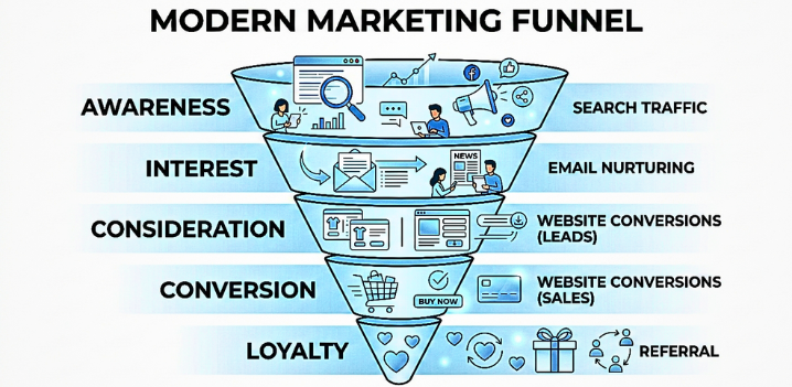 Digital marketing funnel strategy showing awareness, engagement, conversion and customer loyalty