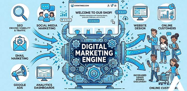 Illustration showing digital marketing strategies like SEO social media and ads driving business growth online