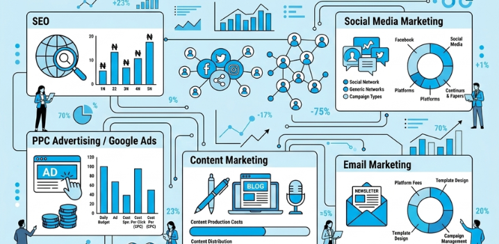 Digital marketing pricing breakdown in Nigeria showing SEO, social media marketing, PPC ads, and content marketing costs