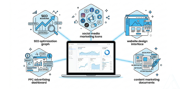 Digital marketing services in Nigeria including SEO, social media marketing, PPC advertising, content marketing, and website design.