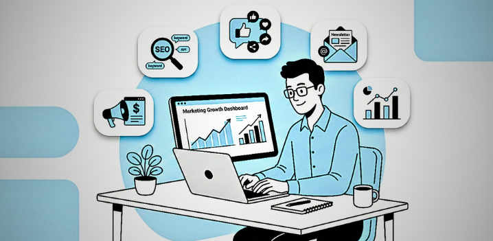 Digital marketing strategy planning illustration showing SEO, social media marketing, analytics and online business growth