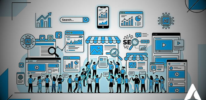 Digital marketing trends 2026 illustration showing AI marketing, SEO strategy, automation, and social media growth in a digital marketplace.