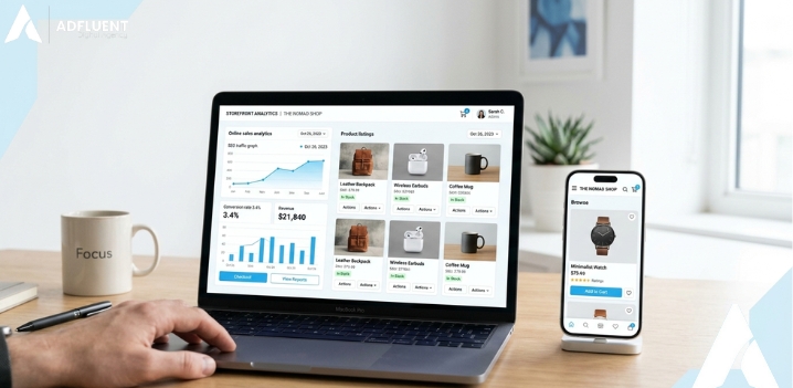 Ecommerce website guide showing how to build an online store with ecommerce website design, product pages, and online sales dashboard.