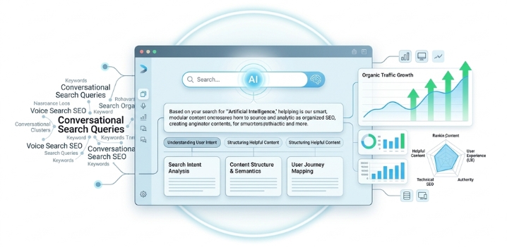 Illustration of AI-powered search, content optimization, and modern SEO strategy in 2026