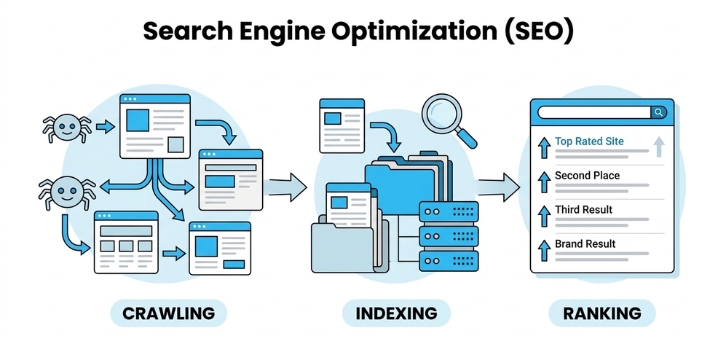 Visual explaining how SEO works through crawling, indexing, and ranking in search engines