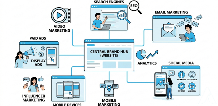 Omnichannel digital marketing strategy connecting SEO, social media, mobile marketing, and paid advertising platforms.