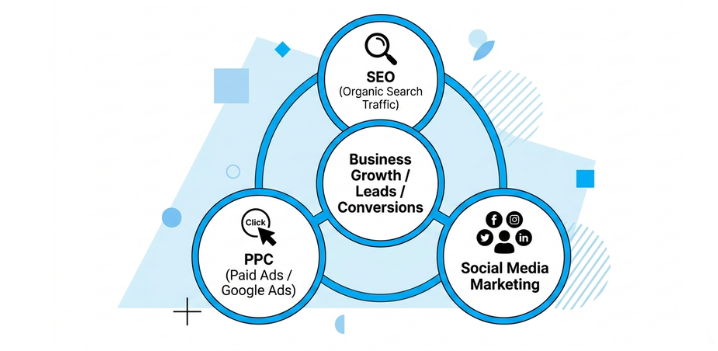 SEO PPC and social media marketing strategies working together to drive business growth and lead generation