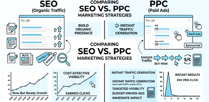 SEO vs PPC comparison infographic showing organic search traffic vs paid advertising strategies