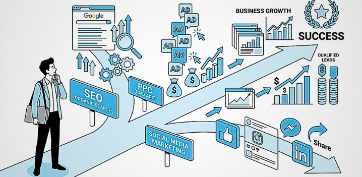 SEO vs PPC vs Social Media comparison showing three digital marketing strategies driving business growth online