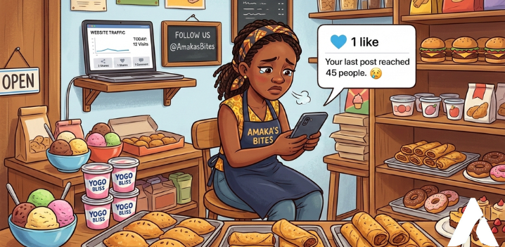 Cartoon illustration of a small business owner struggling with social media engagement and low website traffic