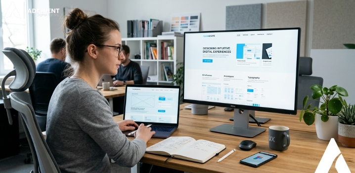 UX UI best practices shown through realistic website interface design and user experience layout on a modern workspace screen.