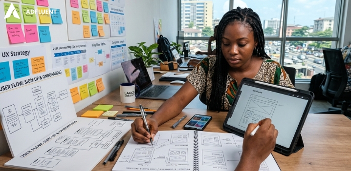 UX UI design process in Lagos showing wireframing, user journey mapping, and design strategy