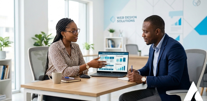 Nigerian web designer explaining website design cost and web design pricing to a business owner using a laptop.
