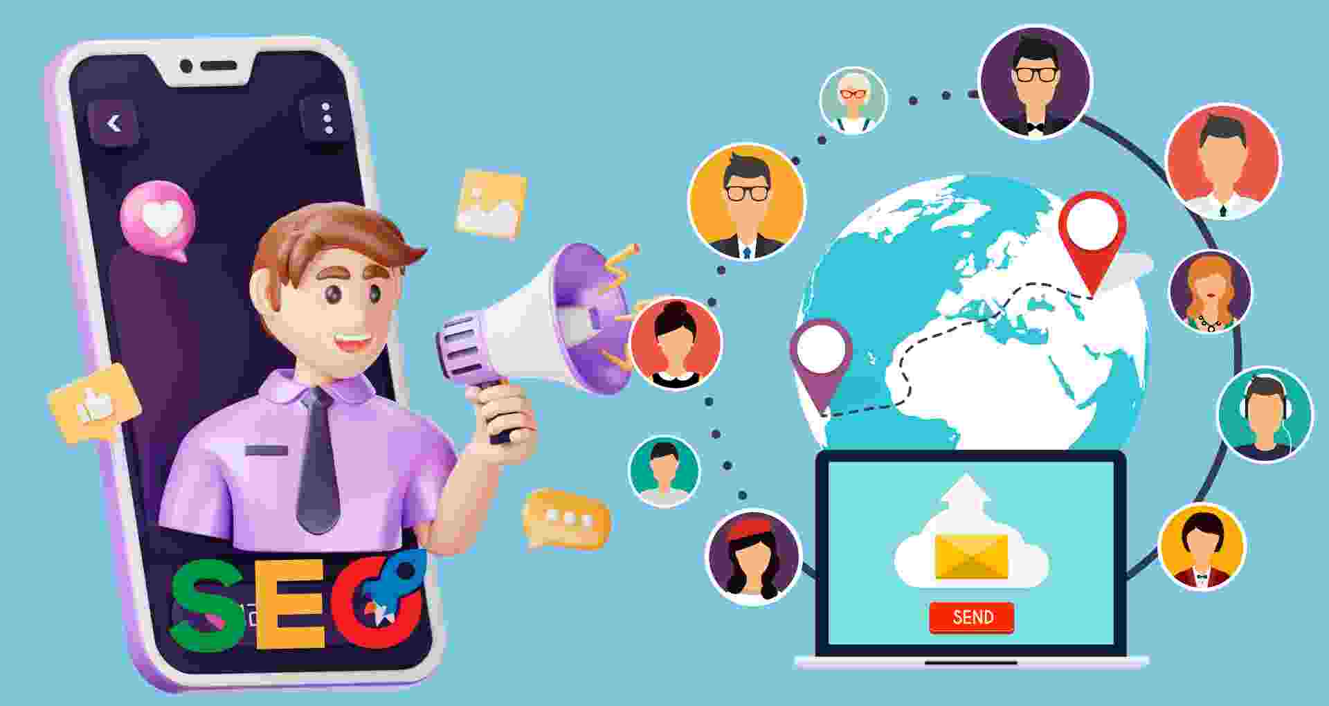 Illustration explaining digital marketing with SEO, social media marketing, email marketing, and global online marketing communication concepts.