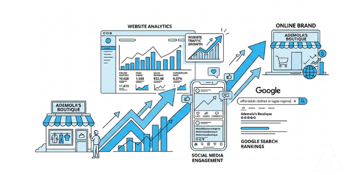 Illustration showing how digital marketing helps Nigerian businesses grow through online visibility, website traffic, and lead generation.